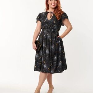 Unique Vintage Navy Galaxy Print Dahlia Swing Dress
